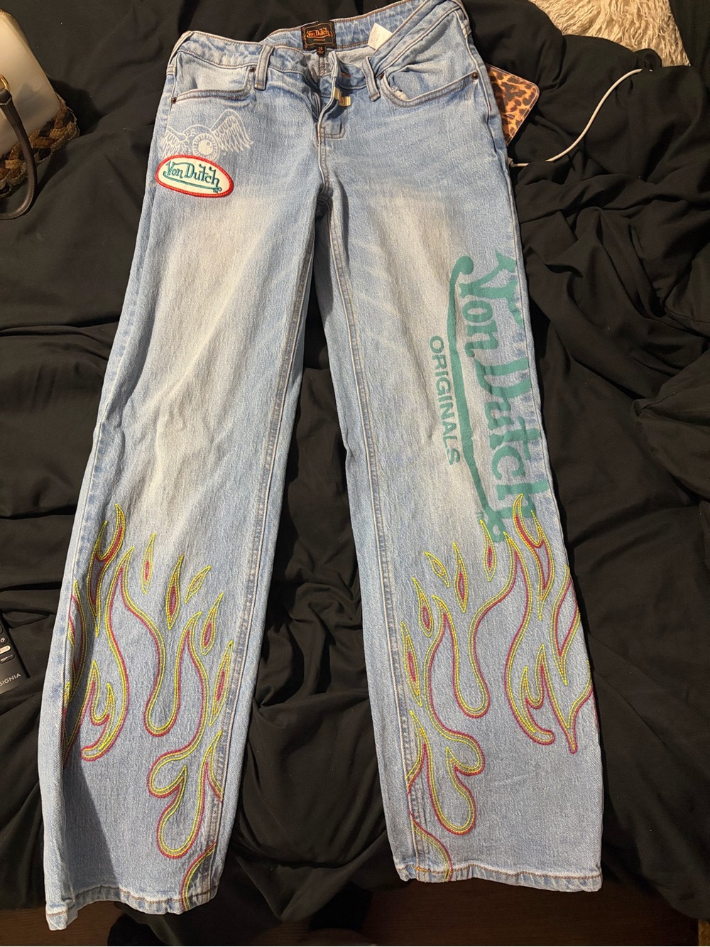 Von Dutch Light Blue Straight Leg Jeans with Multicolor Flame Embroidery
